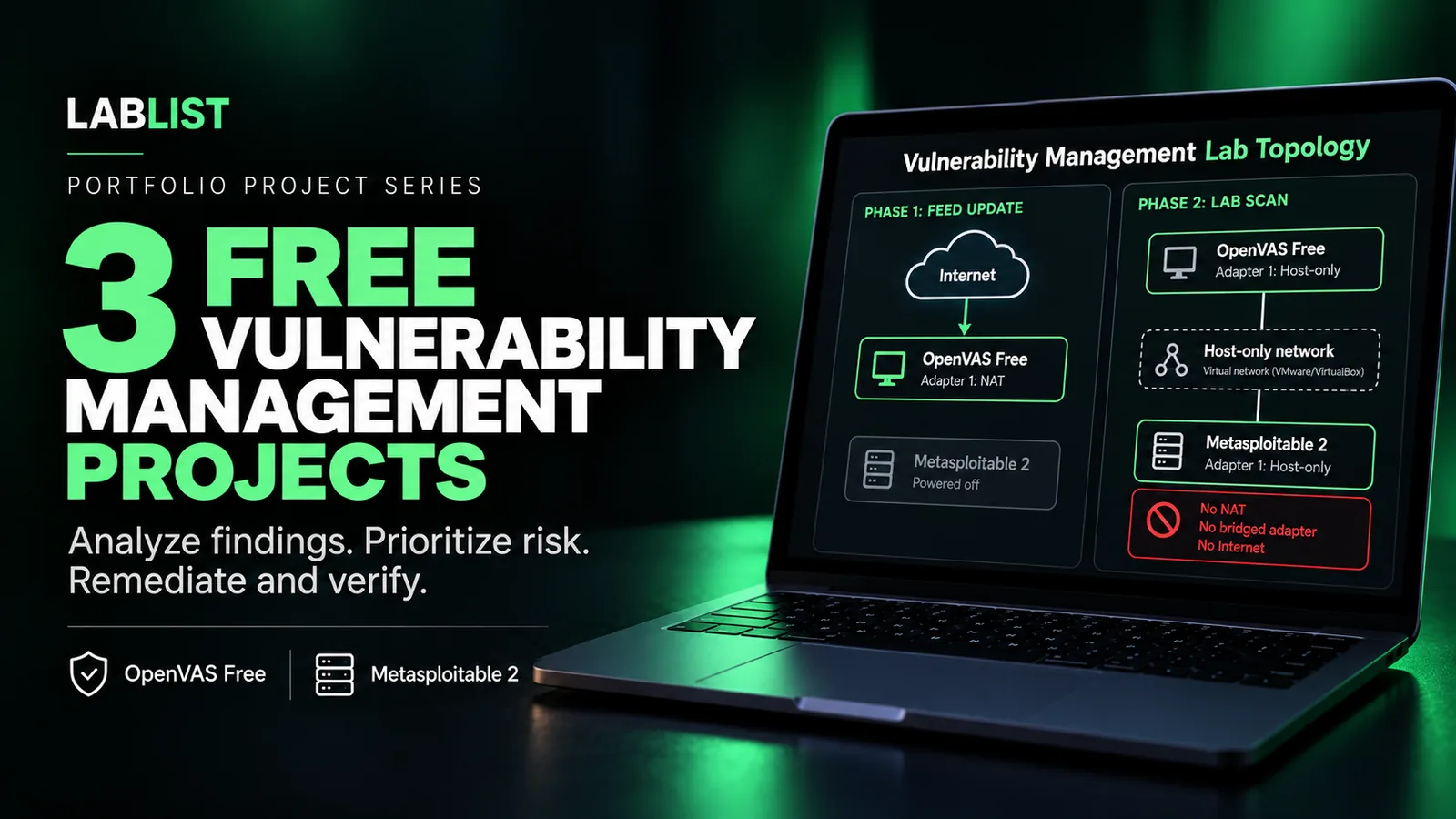 Laptop showing a vulnerability management lab topology diagram, beside the title 3 Free Vulnerability Management Projects.