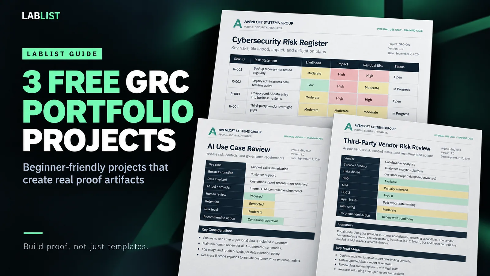 Three Avenloft Systems Group training case documents: a Cybersecurity Risk Register, an AI Use Case Review and a Third-Party Vendor Risk Review.