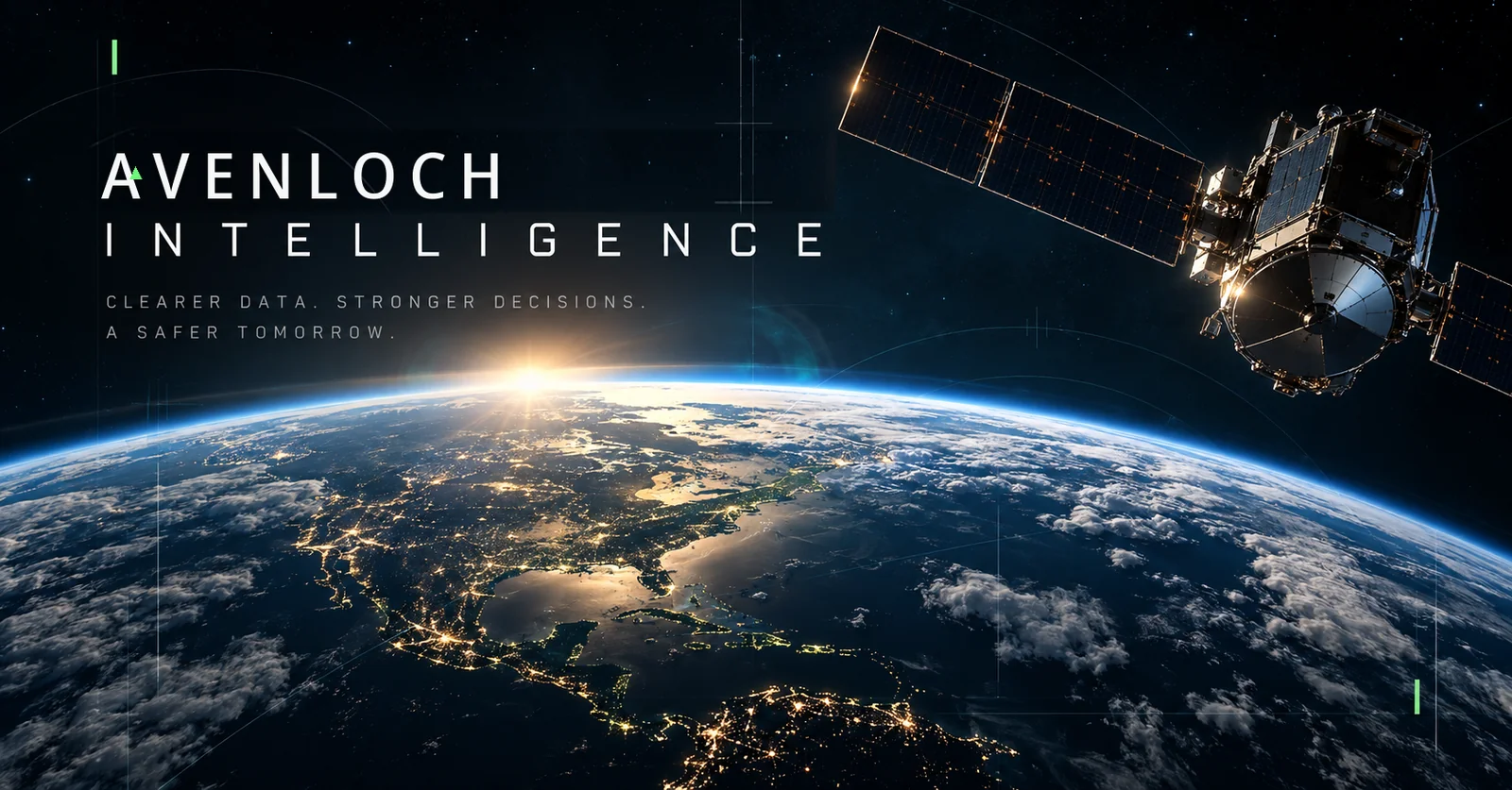 Avenloch Intelligence satellite above Earth in fictional corporate campaign artwork.